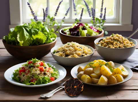 Salate mit schwarzem Knoblauch: Nudelsalat, Blattsalat, Kartoffelsalat, Bulgursalat, Reissalat.