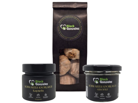 Schwarzer Knoblauch Knollen, Kapseln und geschälte Zehen