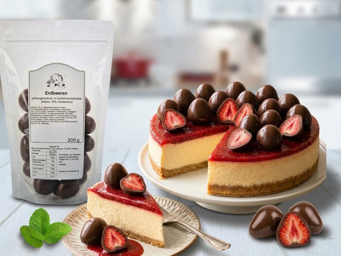 Cremiger New York Cheesecake mit rotem Fruchtspiegel, dekoriert mit halbierten und ganzen gefriergetrockneten Erdbeeren in Schokolade. Im Hintergrund steht die Produktverpackung.