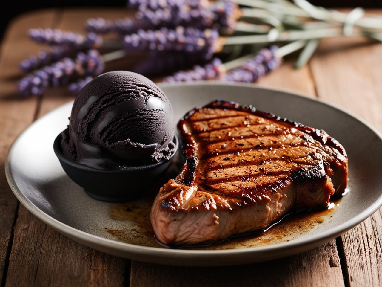 Schwarzer Knoblauch Eiscreme mit Steak auf einem Teller