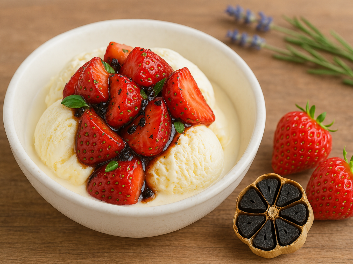 Schwarzer Knoblauch mit Erdbeeren auf Vanilleeis in einer Schüssel