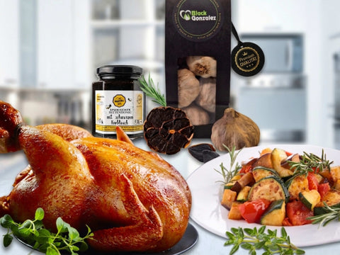 Glasiertes Hähnchen und Gemüse mit schwarzem Knoblauch Rezept
