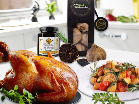 Glasiertes Hähnchen und Gemüse mit schwarzem Knoblauch Rezept