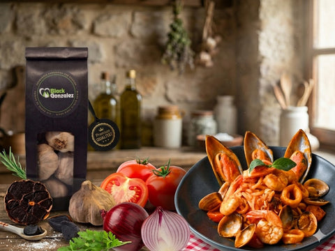 Pasta con Marisco – spanische Meeresfrüchte-Pasta mit schwarzem Knoblauch Rezept