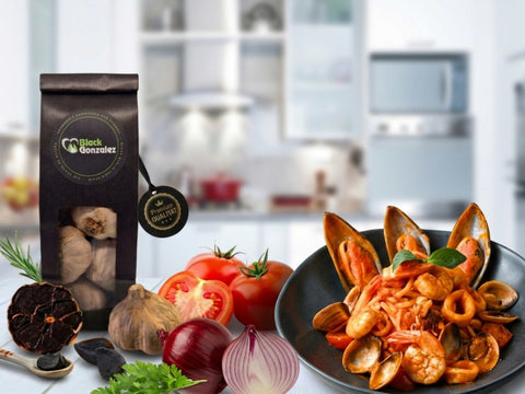 Pasta con Marisco – spanische Meeresfrüchte-Pasta mit schwarzem Knoblauch Rezept