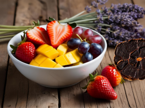 Fruchtiger Obstsalat mit schwarzem Knoblauch