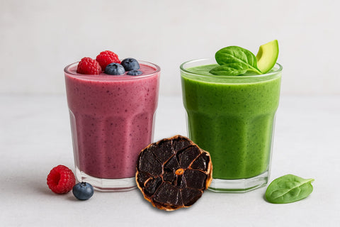 Zwei Gläser Smoothies mit schwarzem Knoblauch – ein cremiger Beeren-Bananen-Smoothie in einem Glas mit roten Beeren und eine grüne Smoothie-Variante mit Spinat und Avocado, garniert mit frischen Zutaten, auf hellem Untergrund.