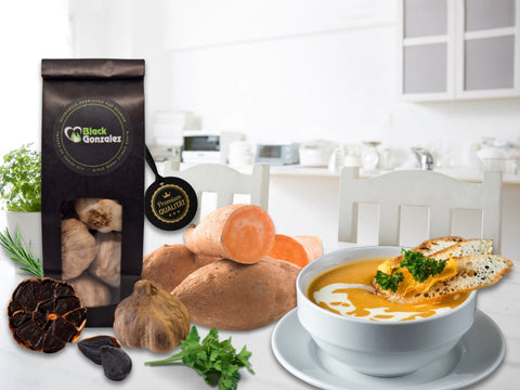 Rezept für Süßkartoffelsuppe mit schwarzem Knoblauch