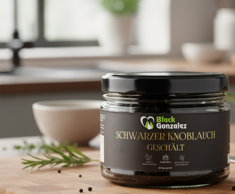 Schwarzer Knoblauch Geschaelt auf Kuechentisch