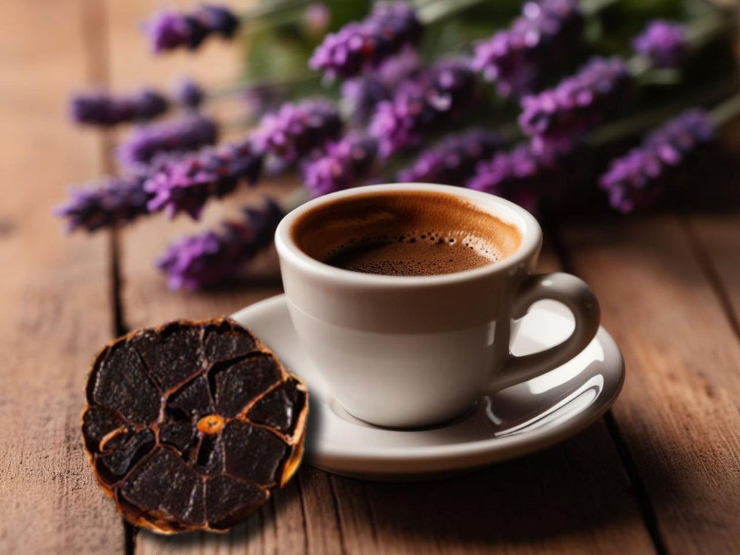 Kaffee mit schwarzem Knoblauch