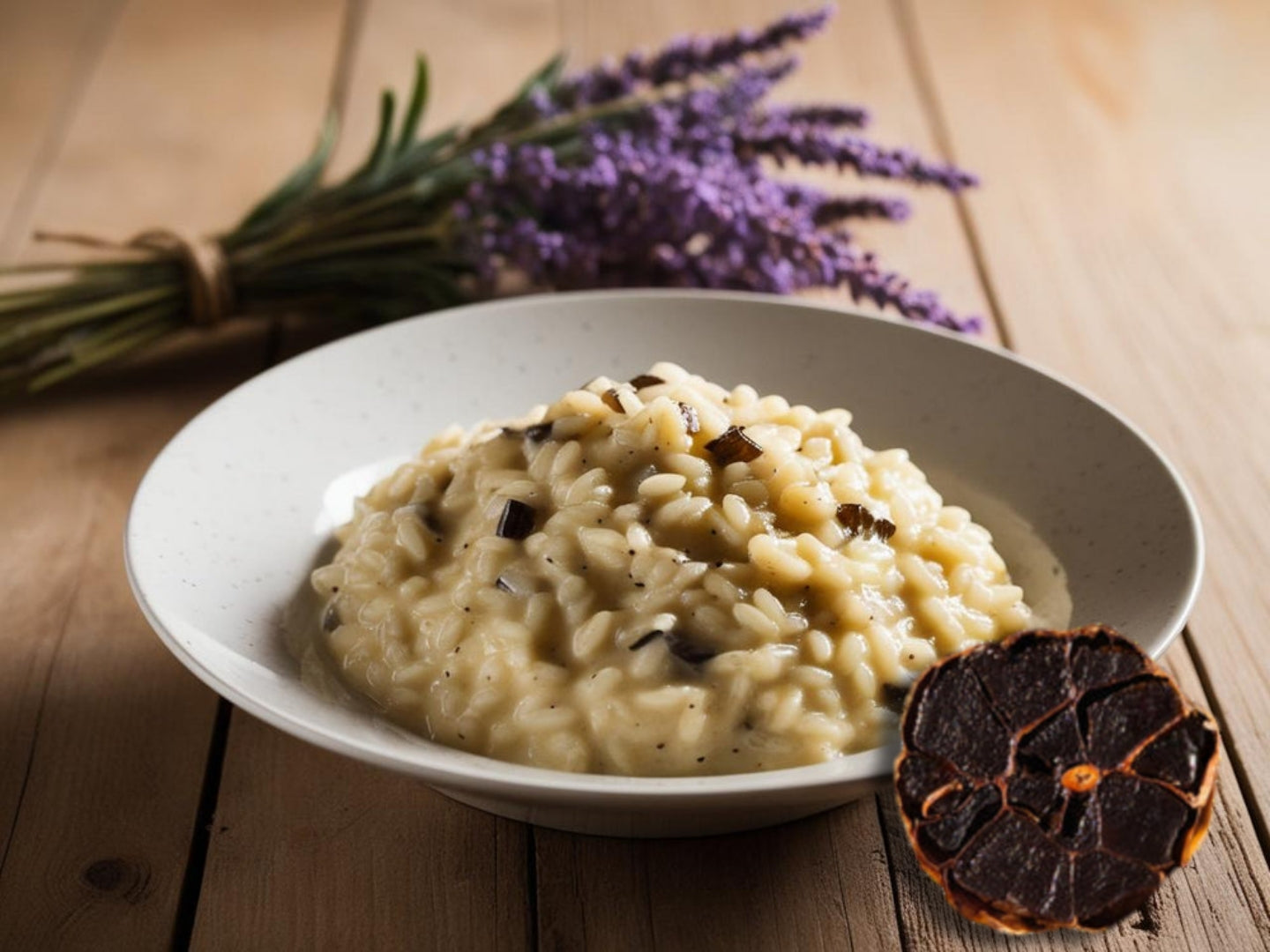 Cremiges Risotto mit schwarzem Knoblauch