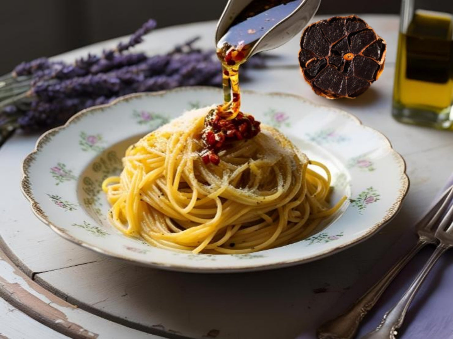 Spaghetti aglio y olio mit schwarzem Knoblauch