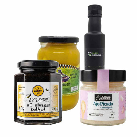 BBQ Set: Schwarzer Knoblauch Öl & Honig, Salzzitronen und frischer gehackter Knoblauch