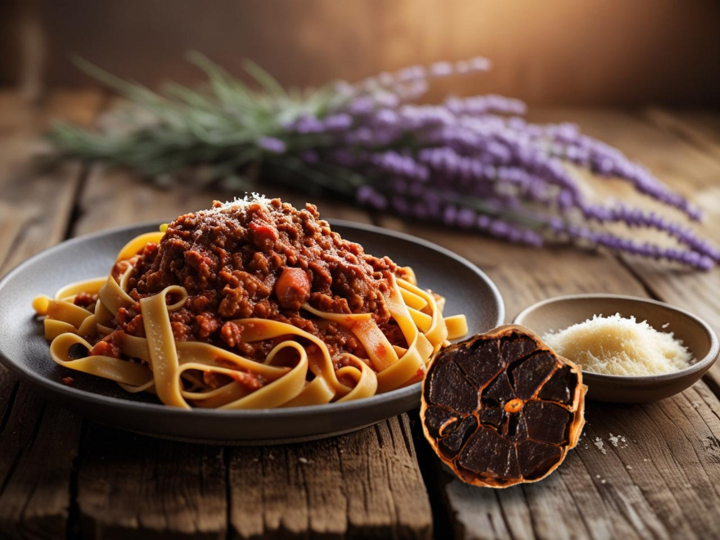 Spaghetti Bolognese mit schwarzem Knoblauch und Parmesan