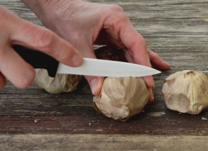 Schwarzer Knoblauch wird aufgeschnitten, um seine weiche, klebrige Textur und die dunkle, aromatische Innenseite zu zeigen.