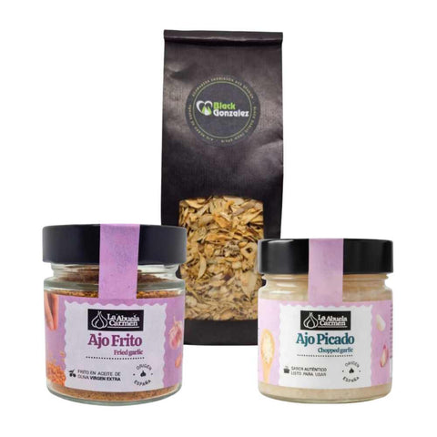 Probierpaket: Getrockneter Knoblauch, frischer gehackter Knoblauch und frittierter Knoblauch