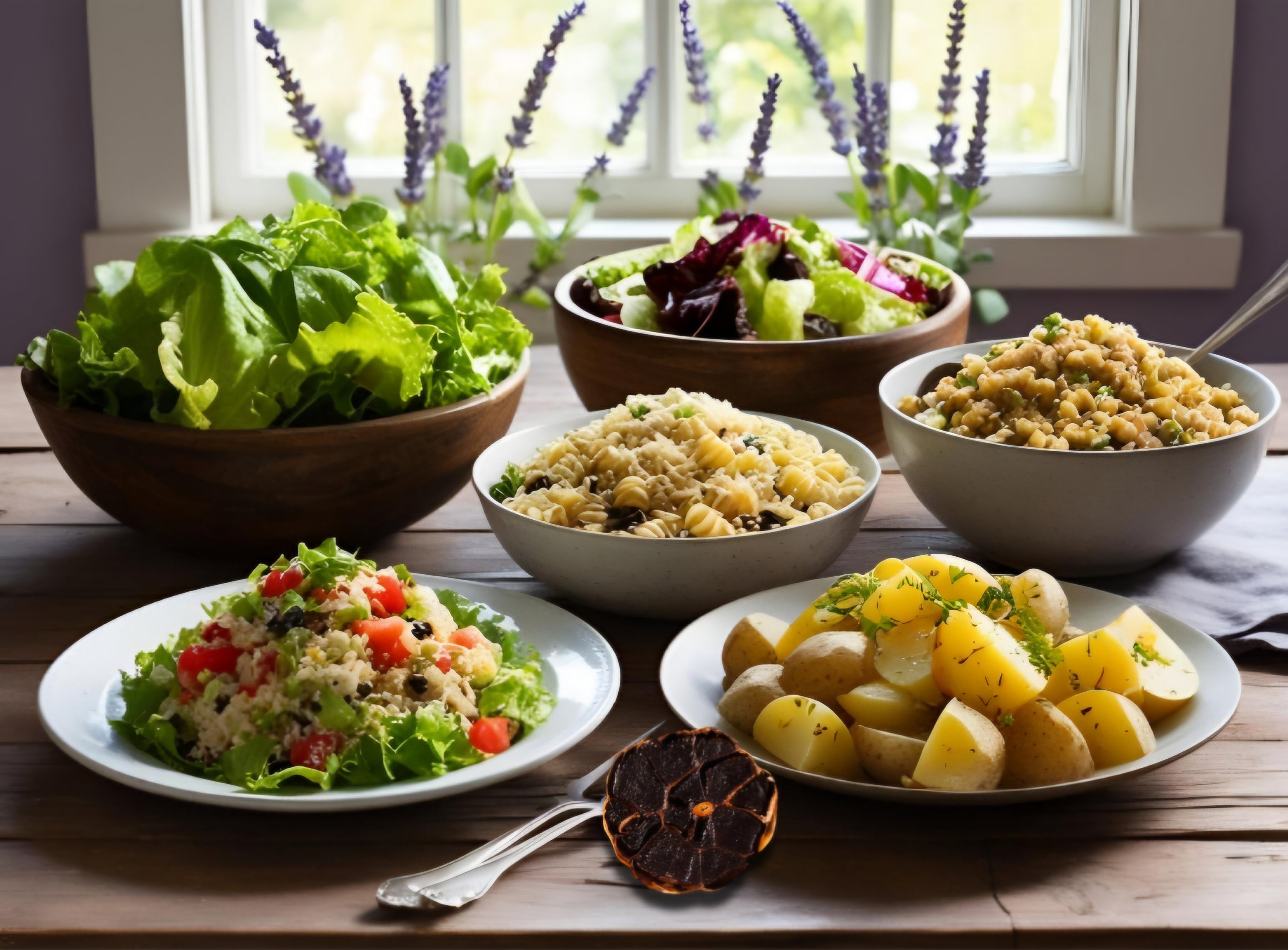 Fünf verschiedene Salate – Blattsalat, Kartoffelsalat, Reissalat, Nudelsalat und Bulgursalat – in Schüsseln auf einem rustikalen Holztisch, dekoriert mit Lavendelblüten im Hintergrund. In der Bildmitte liegt eine aufgeschnittene Knolle schwarzer Knoblauch. 