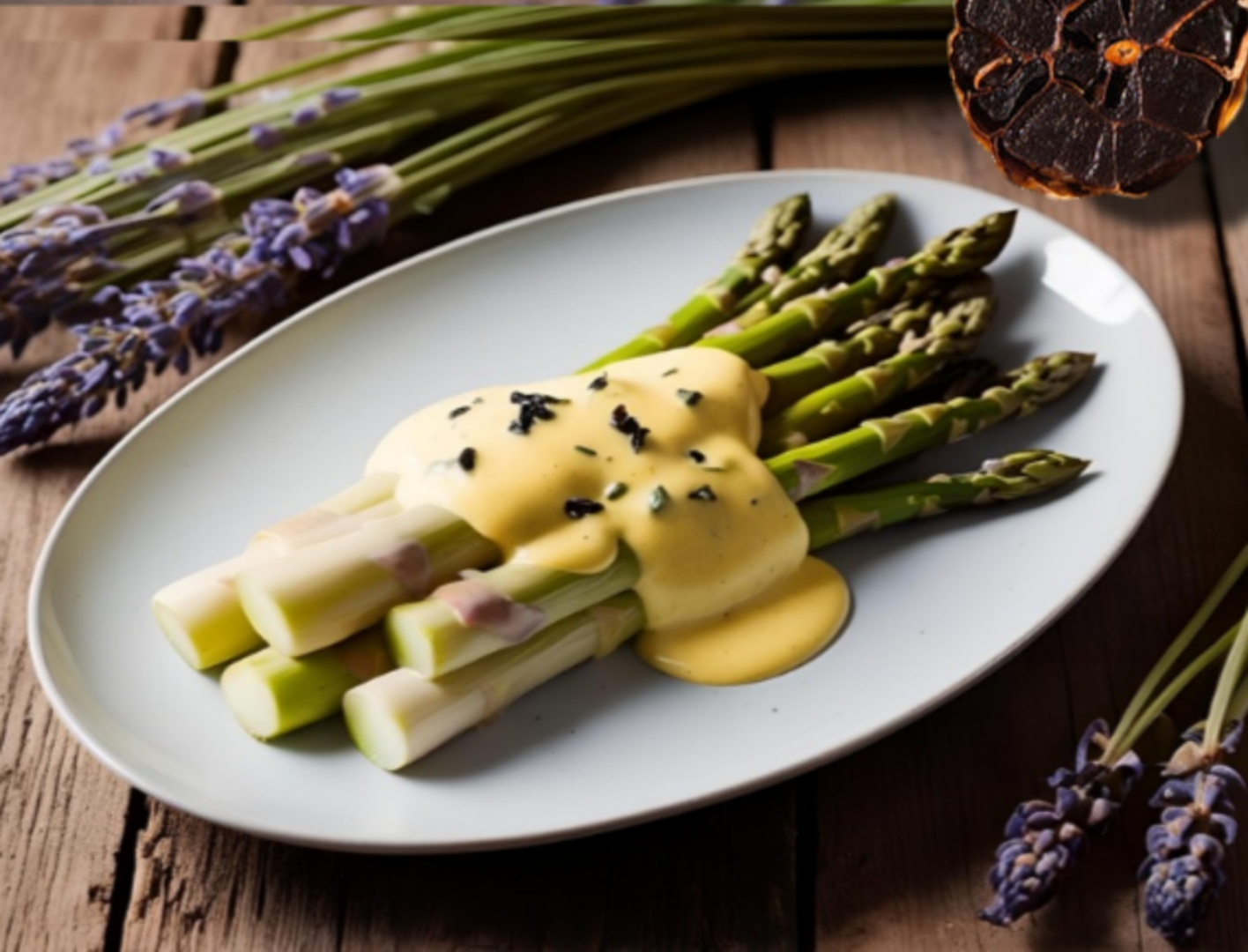 Sauce Hollandaise abgeschmeckt mit schwarzem Knoblauch