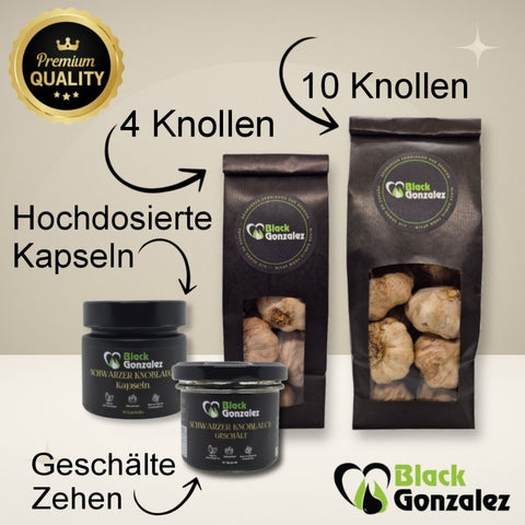 Schwarzer Knoblauch: Knollen, geschälte Zehen und Kapseln