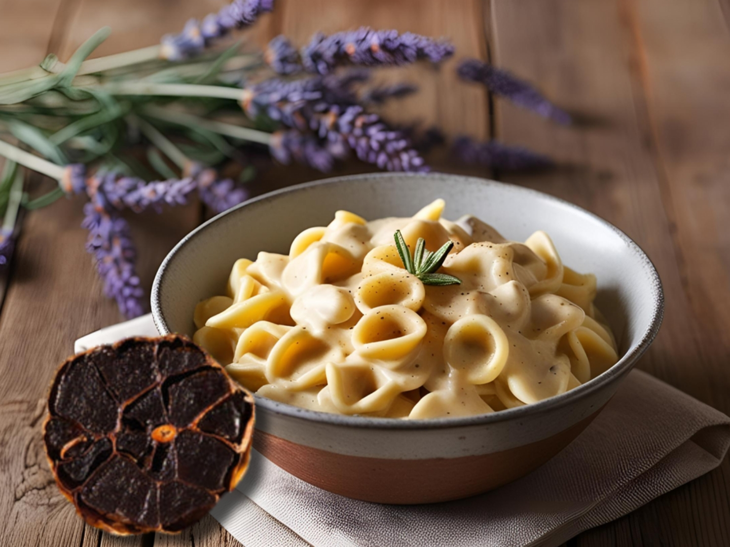 Rahmsoße mit schwarzem Knoblauch abgeschmeckt