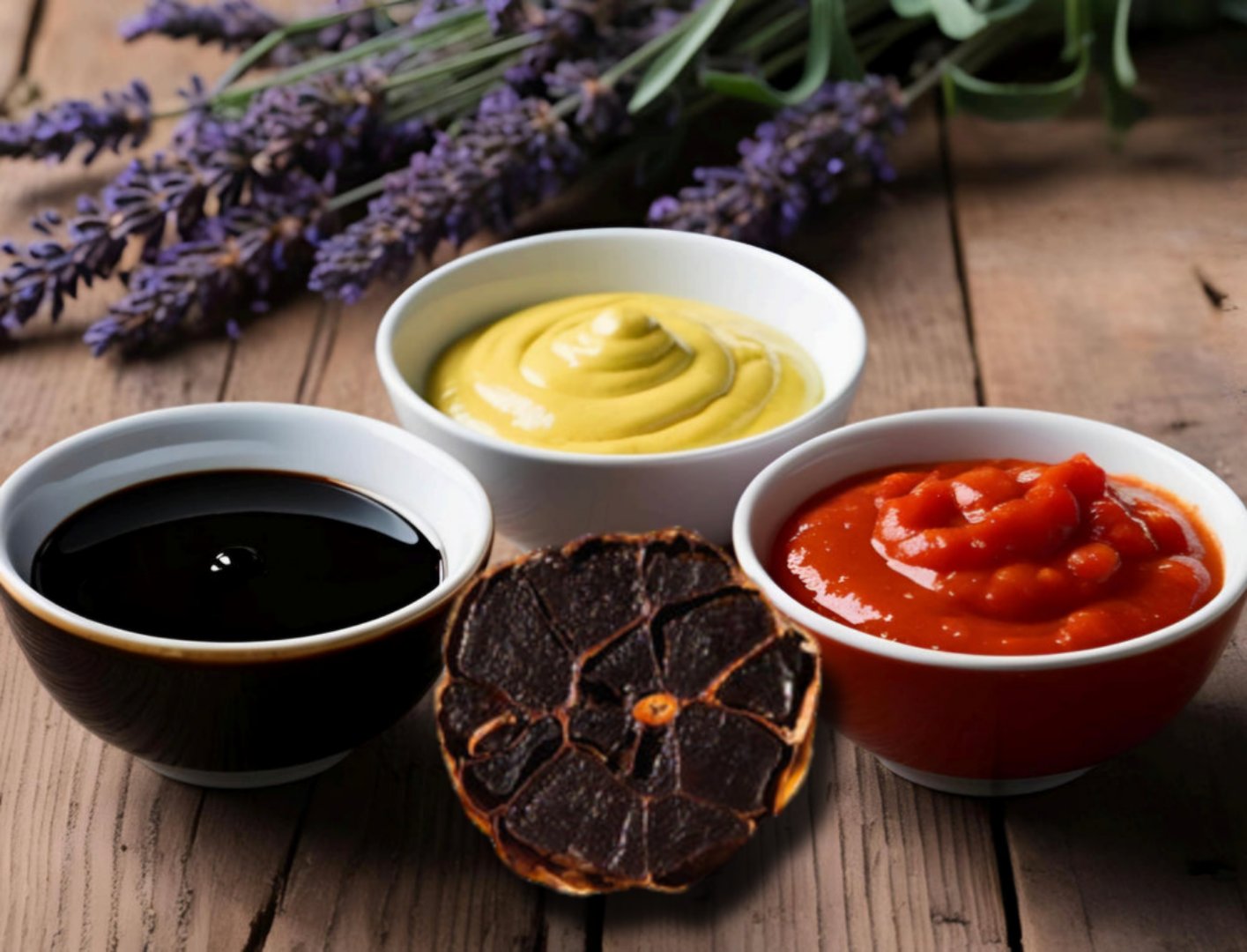 Drei verschieden Saucen mit schwarzem Knoblauch. Balsamico-, Senf- und Tomatensauce.