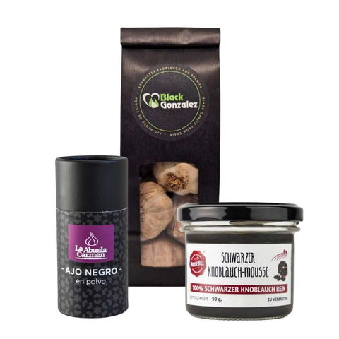 Schwarzer Knoblauch Paket mit verschiedenen Varianten: Knollen, Mousse und Pulver