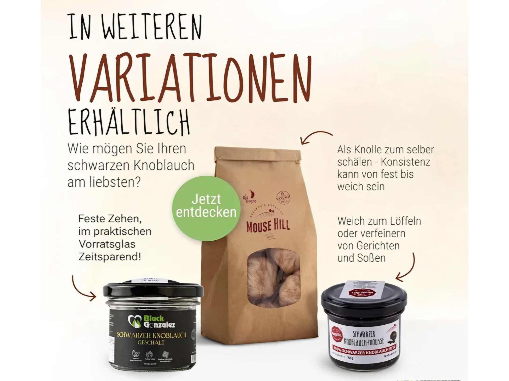 Schwarzer Knoblauch in verschiedenen Varianten: Als Knollen, als cremiges Mousse oder verzehrfertig geschält.