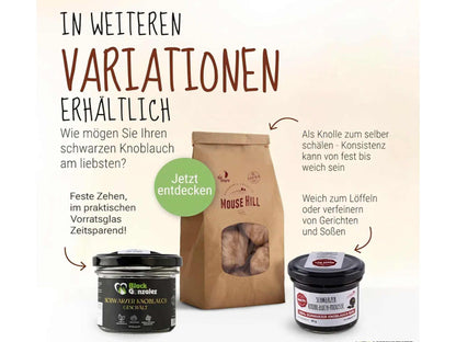 Schwarzer Knoblauch in verschiedenen Varianten: Als Knollen, als cremiges Mousse oder verzehrfertig geschält.