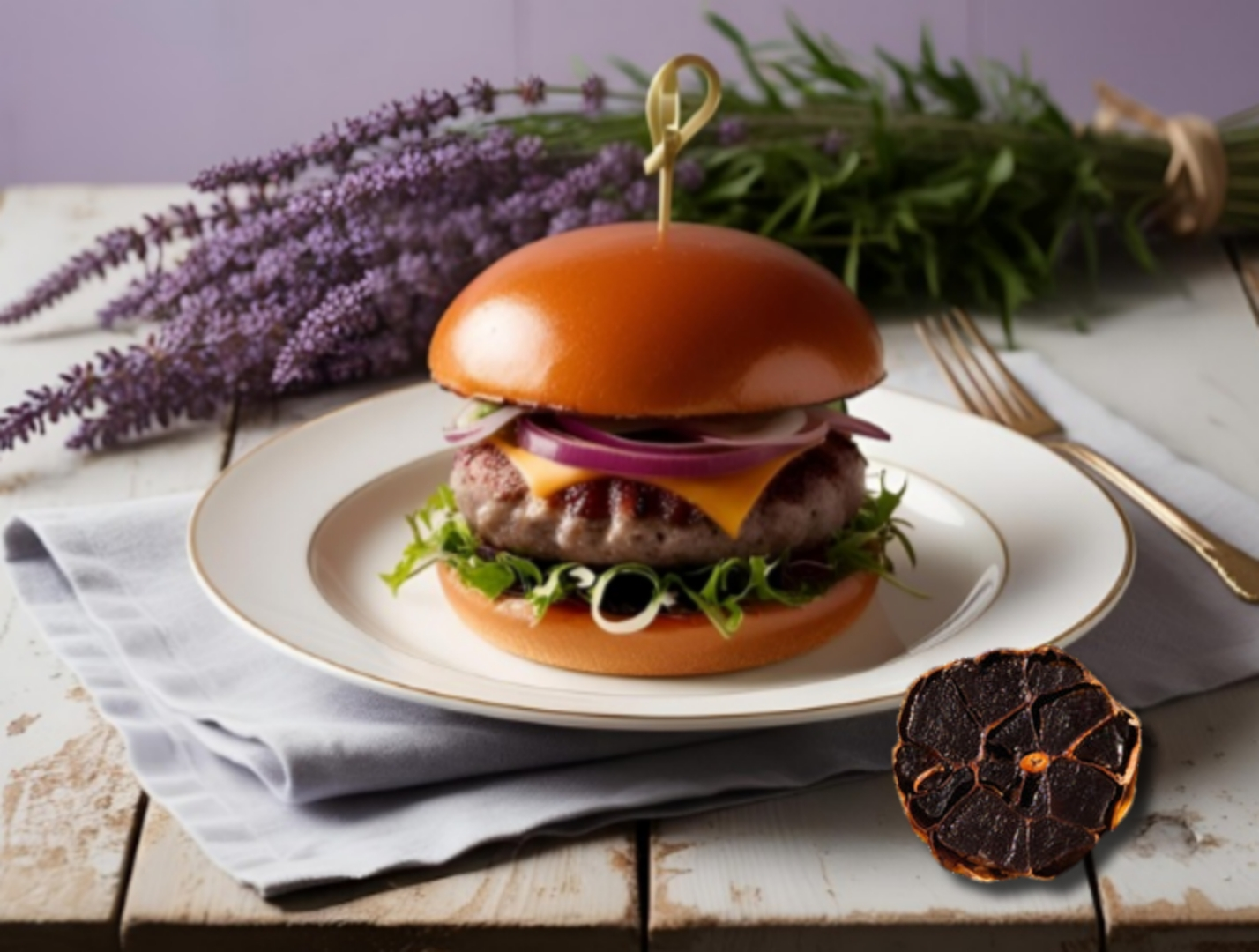Amerikanischer Burger mit schwarzem Knoblauch