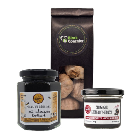 Schwarzer Knoblauch Paket mit Knollen, Mousse und Honig