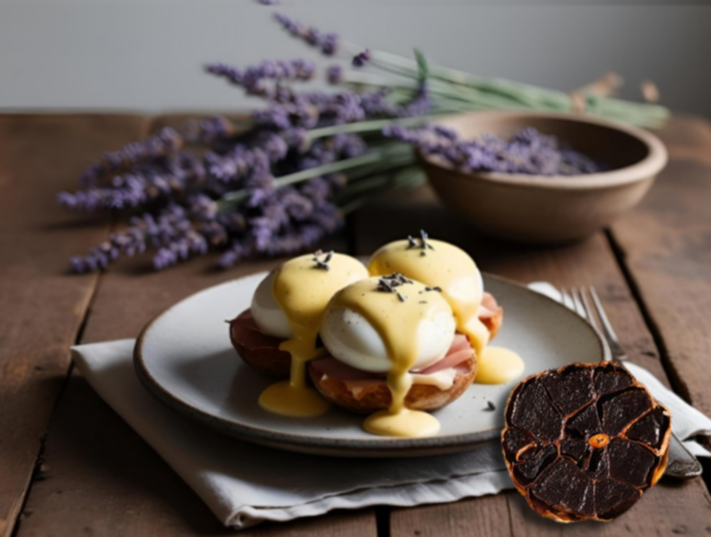 Eier Benedikt mit Sauce Hollandaise und schwarzem Knoblauch
