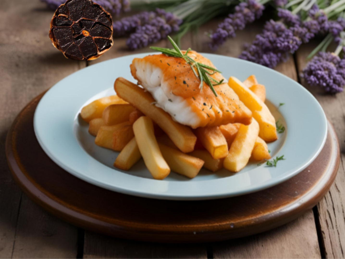 Englische Fish and Chips mit schwarzem Knoblauch