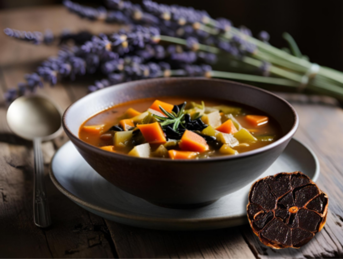 Gemüse-Suppe mit schwarzem Knoblauch abgeschmeckt