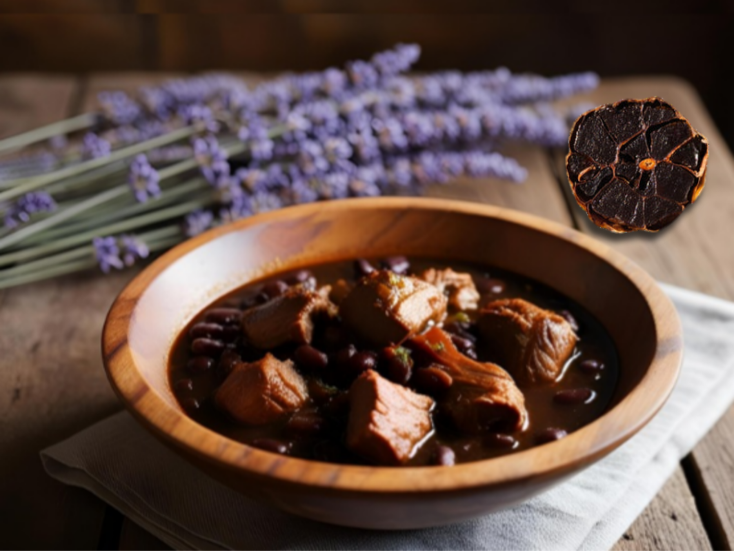 Deftiger Eintopf mit schwarzem Knoblauch