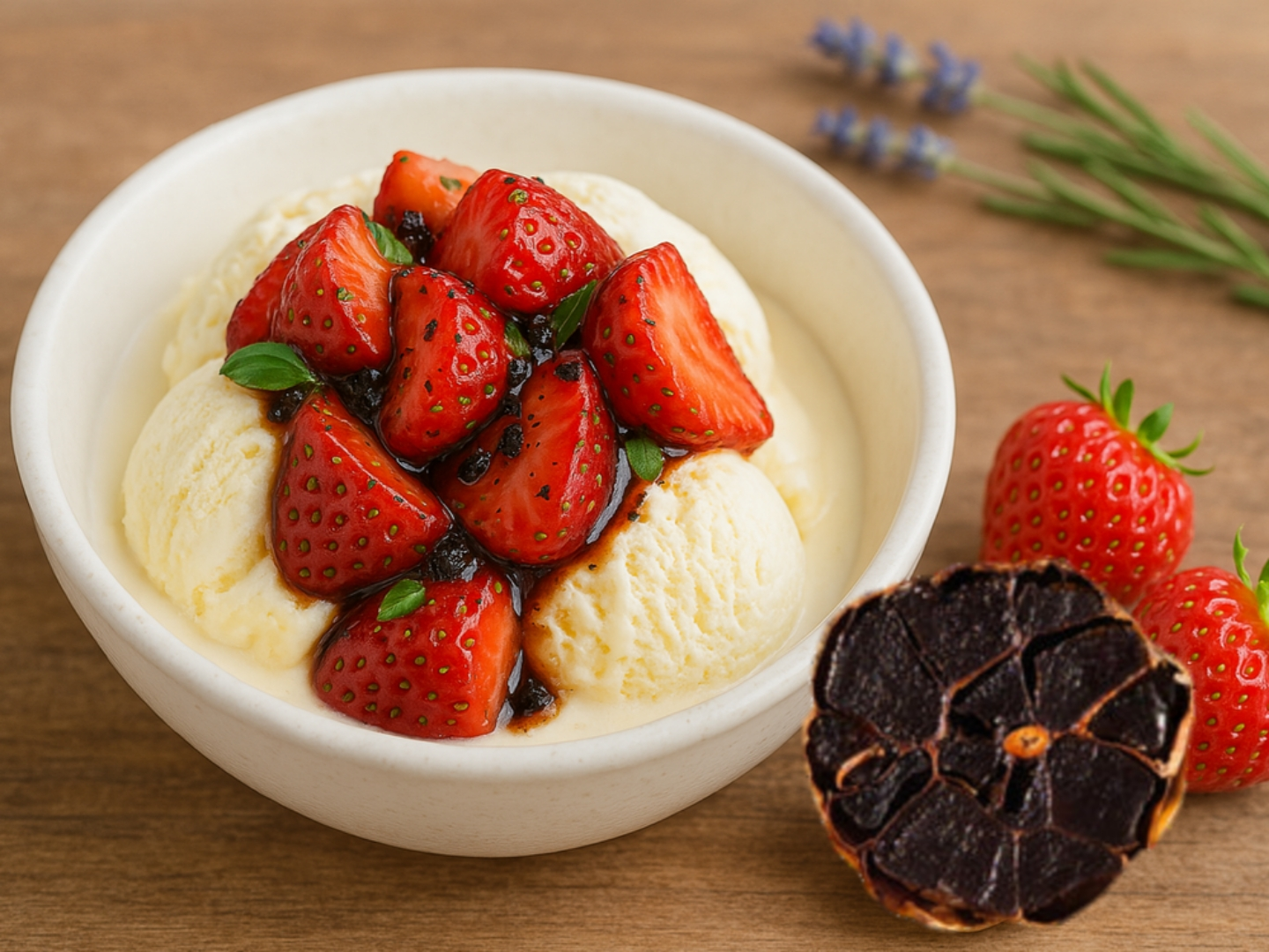Schwarzer Knoblauch mit Erdbeeren auf Vanilleeis in einer Schüssel