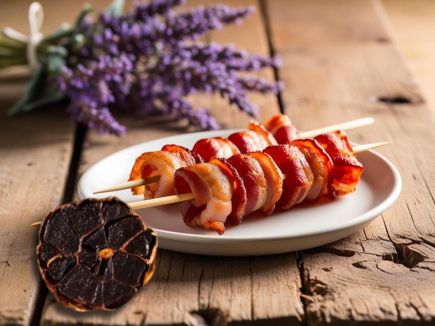 Schwarzer Knoblauch umwickelt mit Speck auf Teller